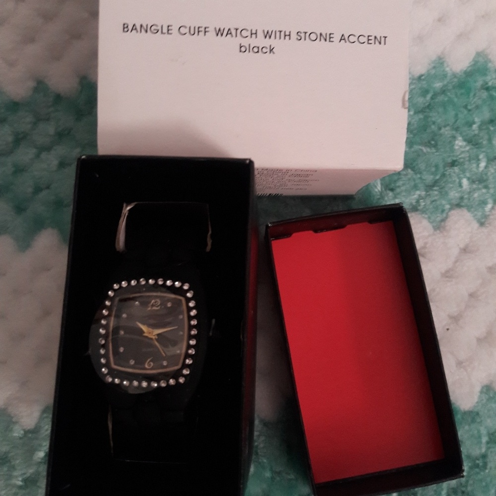 Bangle Cuff Watch With Stone Accent in Black - Picture 2 of 4